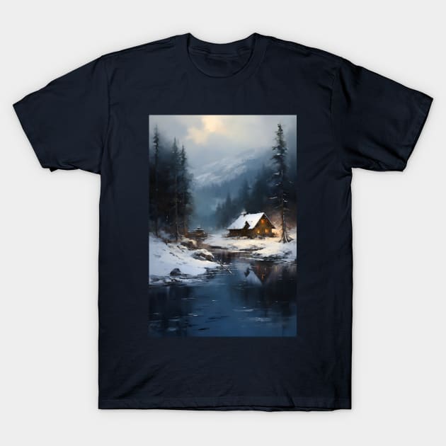 cozy winter nights - cabin by the lake T-Shirt by UmagineArts